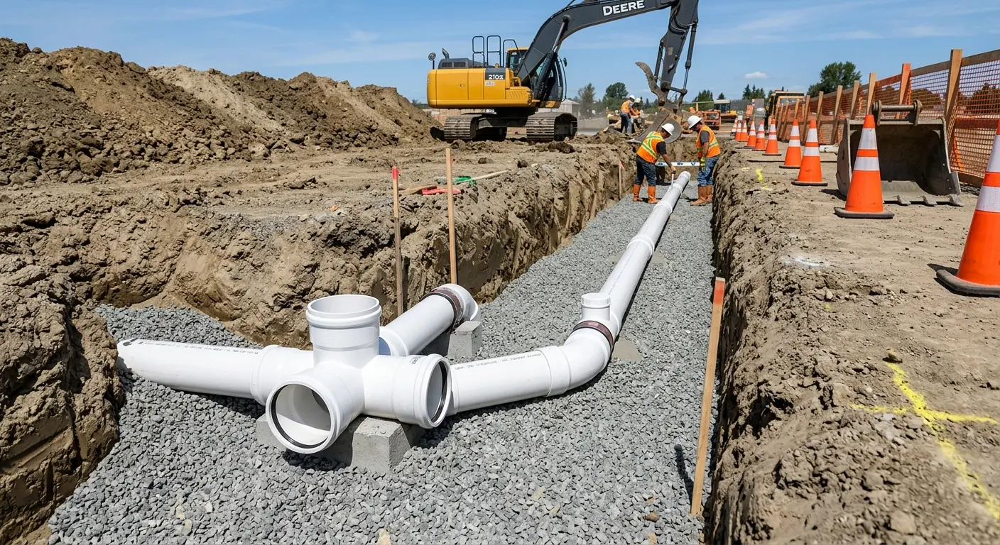 New PVC sewer pipe installation in open trench for Sewer Backup in Zimmerman