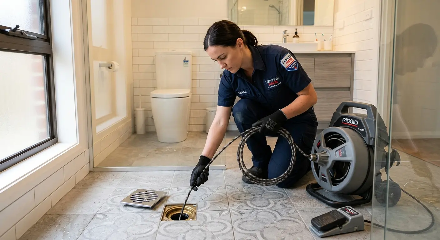 Technician clearing a bathroom floor drain for Clogged Drain Repair in Zimmerman